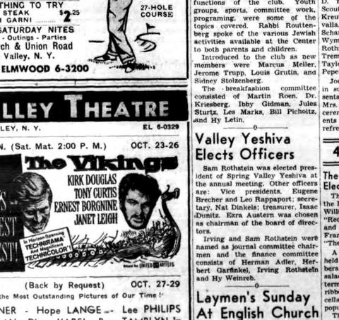 “Valley Yeshiva Elects Officers”: Eugene Brecher a vice-president of the Yeshiva of Spring Valley, autumn 1958.