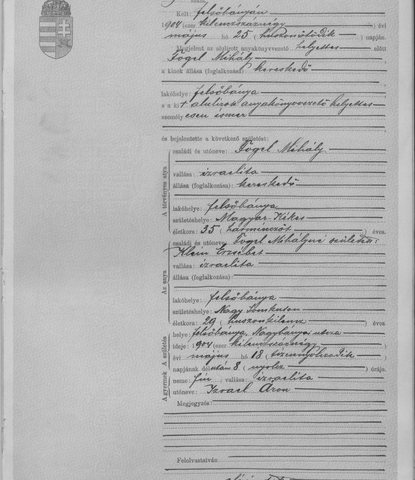 Birth of Izrael Áron Fogel, Felsőbánya, 18 May 1904, act 91 — son of Mihály Fogel, merchant, and Erzsébet (Berta) Klein, born in Nagysomkút,