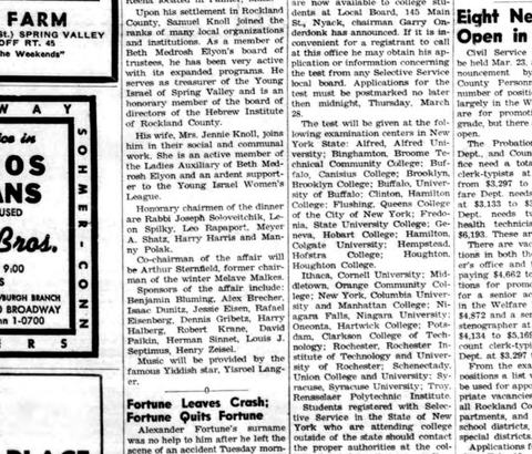 Orangetown Telegram, 14 February 1963: Alex Brecher among the sponsors of a Beth Medrosh Elyon testimonial dinner.