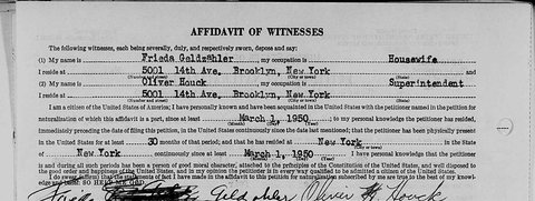 The witness page of the same petition: his cousin Frieda Geldzahler, born Eilender, of the same house at 5001 14th Avenue, vouches for him.