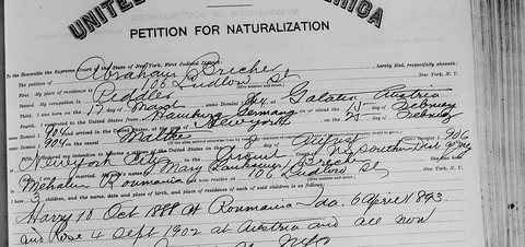 Abraham Brecher's petition for American citizenship, New York, 1911: born 17 March 1864, landed 25 February 1904, his wife born at Mihăileni