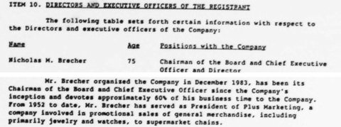 “Nicholas M. Brecher, 75, Chairman of the Board and Chief Executive Officer” — Marketing Systems of America, annual report for 1990.