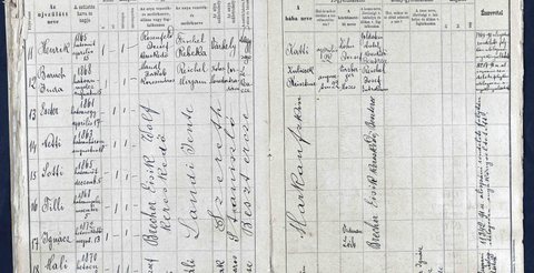 Bistrița Jewish birth register (unit 118), entries 13–17: Eszter 1861, Netti 1863, Lotti 1865, Tilli 1868 and Ignácz 1872, children of Eisik Wolf, merchant, bor