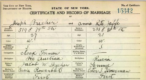 Marriage certificate of Joseph (Joseph Ira) Brecher, a cloak foreman of 519 East 79th Street, and Annie Rita Jaffe, Manhattan, 2 July 1911: the groom’s parents