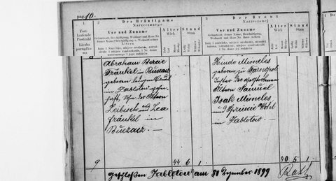 Marriage of Abraham Bercie Fränkel, Zabłotów, 1899 (act 9): born in Buczacz, a single merchant living in Zabłotów, 44½, son of Leibisch and Lea Fränkel of Bucza