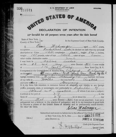 Elias Wahrsager's declaration of intention no. 270571, Supreme Court of New York County, 26 January 1922, with his signature. Age 41, pocket-book maker, 5 ft 1 