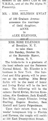 Announcement of the marriage of Anne Kwiat and Alex Eilender, son of Rose Eilender, at the Burnside Manor in the Bronx on 24 October 1937. A