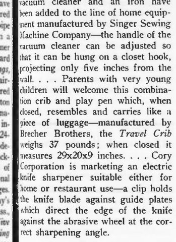 The Brecher Brothers Travel Crib noticed in Financial World, 1948.