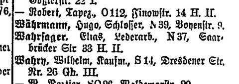 The Berlin address book for 1914, the year of Anne’s birth in Berlin: Elias Wahrsager, leather worker, Saarbrücker Straße 33.
