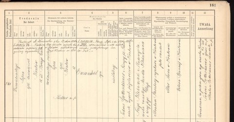 Birth of Emanuel, son of Todres Gottesdiener “of Suszyca, district of Stare Miasto, wallet-maker in Kraków” and Feige Kleinman, Kraków, 19 J