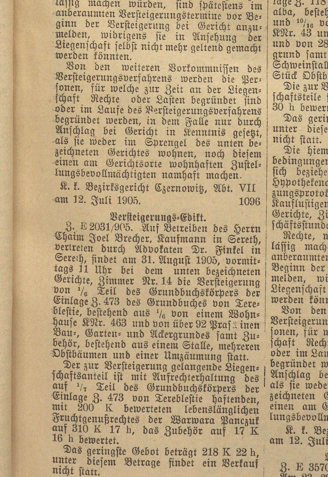 A court notice of July 1905 naming Chaim Joel Brecher, merchant in Siret (Sereth).