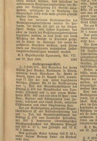 A court notice of July 1905 naming Chaim Joel Brecher, merchant in Siret (Sereth).
