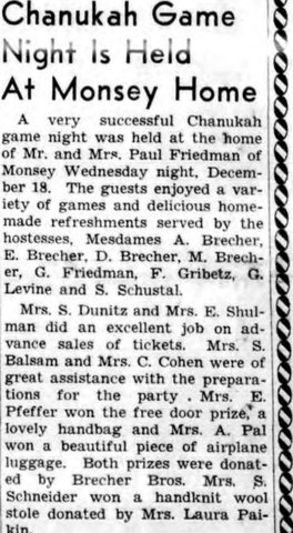 A Chanukah game night at the Monsey home of Paul and Lucy Friedman, December 1957; the Brecher wives served as hostesses, and the prizes wer