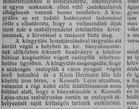 “The Herman Klein house” on Kossuth Lajos utca, at the west end of Felsőbánya, used as a landmark in a town-assembly report of October 1906.