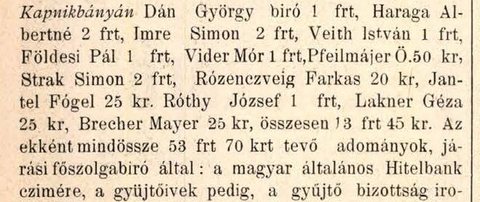 Mayer (Meir) Brecher gives 25 kreuzer to the Queen Elisabeth memorial collection, 1899, listed with the donors of Kapnikbánya.