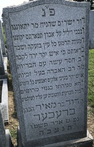 The gravestone of David Brecher HaKohen, son of Meir, who died on 9 Adar 5715 (3 March 1955), Beth Moses Cemetery, West Babylon. The verse i