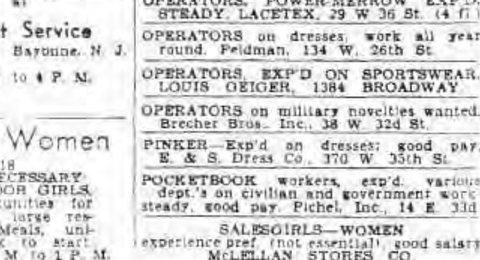 Brecher Bros. Inc., 38 West 32nd Street, Manhattan: a help-wanted advertisement, 1943.