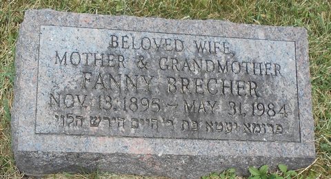 The gravestone of Fanny (Fruma Yetta) Brecher née Gensler, wife of Leon Brecher, 13 November 1895 – 31 May 1984. Shaarei Tfiloh Cemetery, Baltimore County, Mary