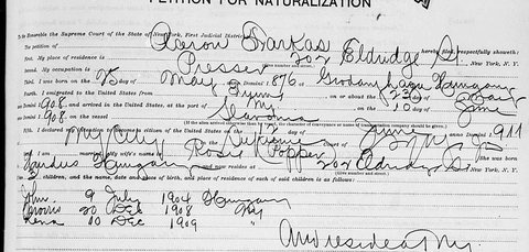 Naturalization petition of Aaron Farkas, a presser of 202 Eldridge Street, New York, 1913: born 25 May 1876 at Gödényháza, Hungary (the village where Morris Far