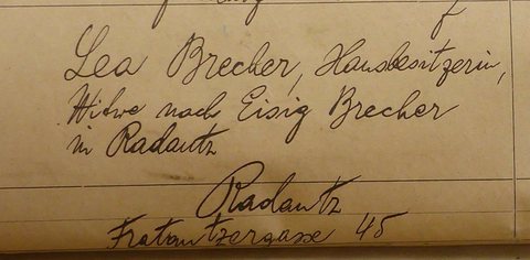 Rădăuți civil death register, January 1916: “Lea Brecher, Hausbesitzerin, Witwe nach Eisig Brecher” — house owner, widow of Eisig Brecher, of Fratautzergasse 45