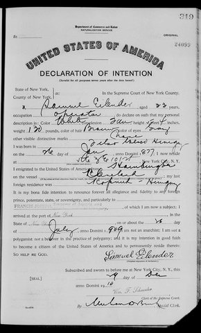 Samuel Eilender’s declaration of intention to become an American citizen, New York County, 9 December 1910: aged 33, an operator; white, fair complexion, 5 ft 4