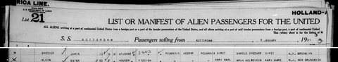 Jacob Brecher, 26, a student from Siret, arrives at Ellis Island on the Rotterdam, 19 January 1921; his nearest relative at home is Marcus B