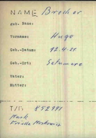 Hugo Chaim Brecher’s refugee index card naming his parents, 1949.
