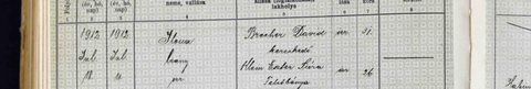 Birth of Ilona (Lucy) Brecher, Felsőbánya, 11 July 1912, act 97. Parents: David Brecher, merchant, 31, and Eszter Sára Klein, 26.