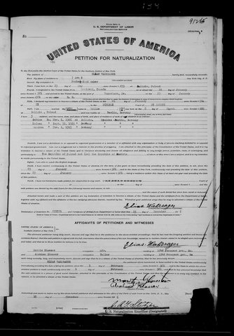Elias Wahrsager's petition for naturalization, filed in New York, 15 November 1926. He gives his birth as 23 May 1879 in Galicia, his trade as pocket-book maker
