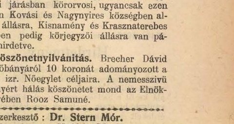 “Brecher Dávid úr Felsőbányáról” — David Brecher of Felsőbánya — gives ten crowns to the Szatmár Jewish Women’s Society, March 1915.