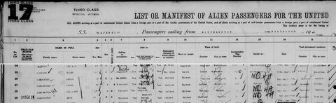 S.S. Majestic, sailing from Southampton on 14 September 1927 for New York, lines 26–29: Malka Wahrsager (housewife), Sarah (housekeeper; this is Sabina), Kallma