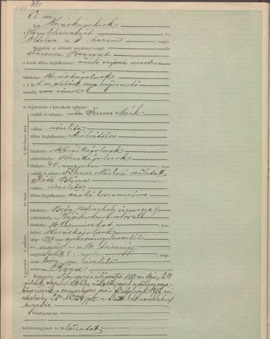 Late registration (1905) of the birth of Róza Ferencz, born Kováskápolnok 14 May 1887, daughter of the late Márk Ferencz and Bluma Róth. Another Ferencz family 