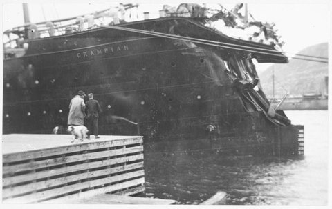 The Grampian with her bow damaged after striking an iceberg on 10 July 1919, from The Sun (New York), 27 July 1919, pictorial section. Seventeen months later sh