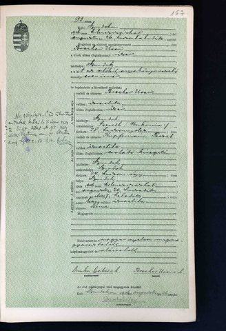 Birth of Tema Brecher, 20 August 1906, at Szurdok (Strâmtura), daughter of Uszer (Asher) Brecher and Peszel Kupfermann. The margin records h