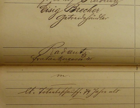 Rădăuți civil death register, January 1911: Eisig Brecher, Getreidehändler (grain dealer), of Fratautzergasse 45, aged 79; died 19 January, buried 21 January 19