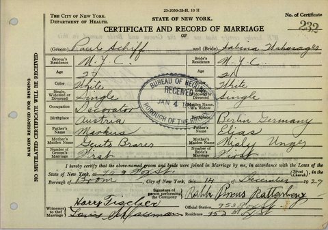 Certificate and Record of Marriage of Paul Schiff and Sabina Wahrsager, Bronx, 14 December 1929. The bride, born in Berlin, is the daughter 