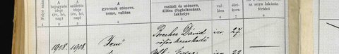 Birth of Jenő (Eugene) Brecher, Felsőbánya, 1 November 1908, act 157. Parents: David Brecher, draper, 27, and Eszter Klein, 22.