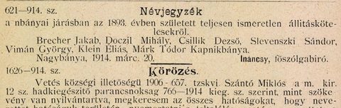 A county list of young men of the Nagybánya district born in 1893 whose whereabouts were unknown to the conscription office, March 1914: Jak