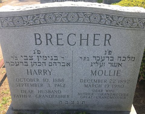 The gravestone of Harry (Binyamin Tzvi) Brecher, son of Avraham HaKohen Brecher, 10 October 1888 – 3 September 1962, and his wife Mollie (Ma