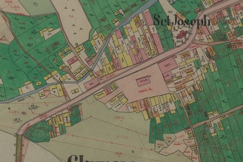 Chyrów's town centre on the Austrian cadastral map of 1853, the map the town's 1853 property register is keyed to. That register names Elias Wahrsager as owner 