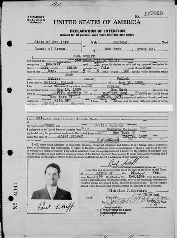 Paul Schiff's declaration of intention no. 117029, Supreme Court, Bronx County, 6 February 1934, with his photograph and signature. He is a painter, living at 9