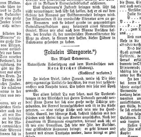 A story by Mihail Sadoveanu, “authorised translation from the Romanian by Nora Brecher (Radautz)”, February 1913.