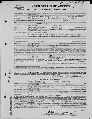 Paul Friedman’s petition for naturalization, Southern District of New York, filed 28 April 1939: born at Glod, Romania, on 9 November 1906; 