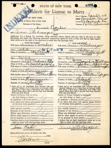 Affidavit for their marriage licence, 16 March 1938, with both signatures and both sets of parents.