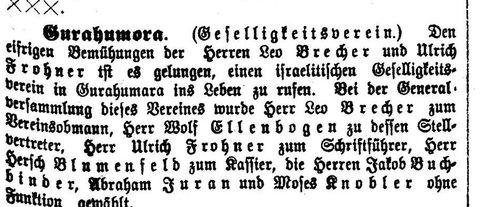 Gura Humorului, November 1911: through the efforts of Leo Brecher and Ulrich Frohner a Jewish social club is founded; Leo Brecher is elected chairman, Wolf Elle
