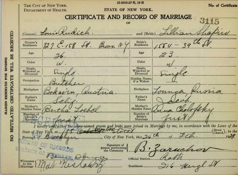 Marriage of Louis Rudich, Mollie Brecher’s brother, a butcher born in Bukovina, and Lillian Shapiro, Brooklyn, 26 February 1928; his parents Selig Rudich and Be