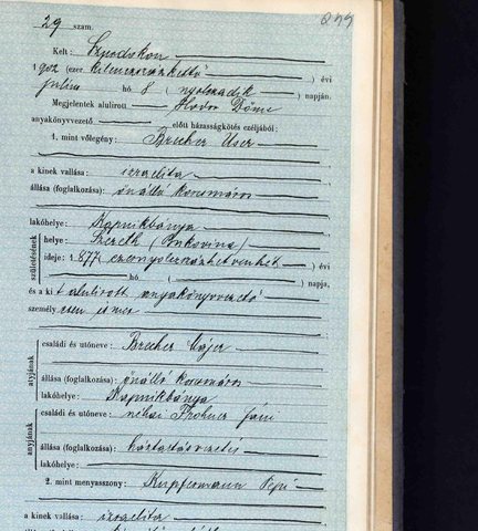 Civil marriage of Asher (Uszer) Brecher, Szurdok (Strâmtura), 8 July 1902, act 29 — the groom’s section, naming his parents Majer Brecher an