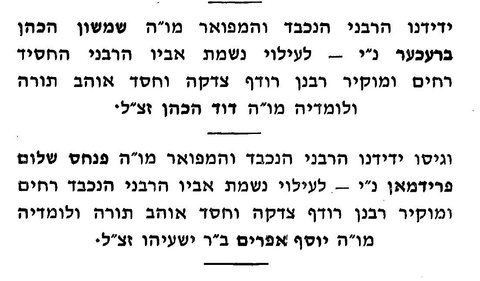 Subscribers’ page of a reprint of the Chatan Sofer. Shimshon HaKohen Brecher dedicated his share to the memory of his father, David HaKohen;
