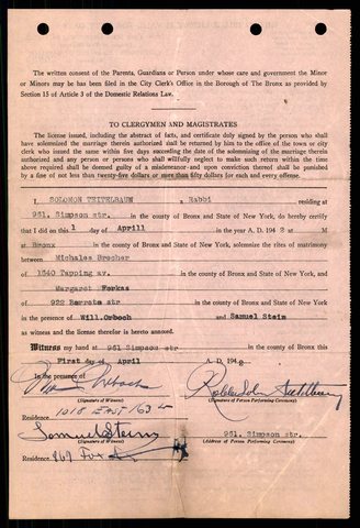 Marriage licence no. 8896 (duplicate), Bronx: the certificate of the religious ceremony. Rabbi Solomon Teitelbaum of 961 Simpson Street married Nicholas Brecher
