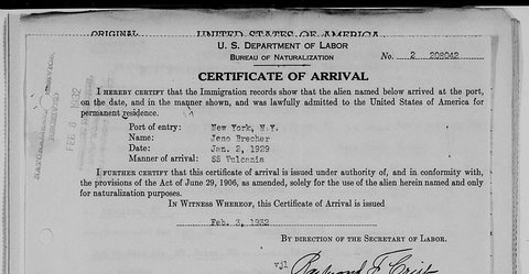 Certificate of arrival no. 2-208042 for Jenő (Eugene) Brecher, issued by the Bureau of Naturalization on 3 February 1932: arrived at New Yor